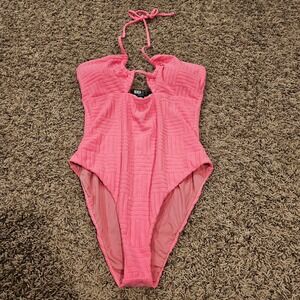 Beach Riot One Piece Swimsuit Textured Basketweave Halter Pink Medium